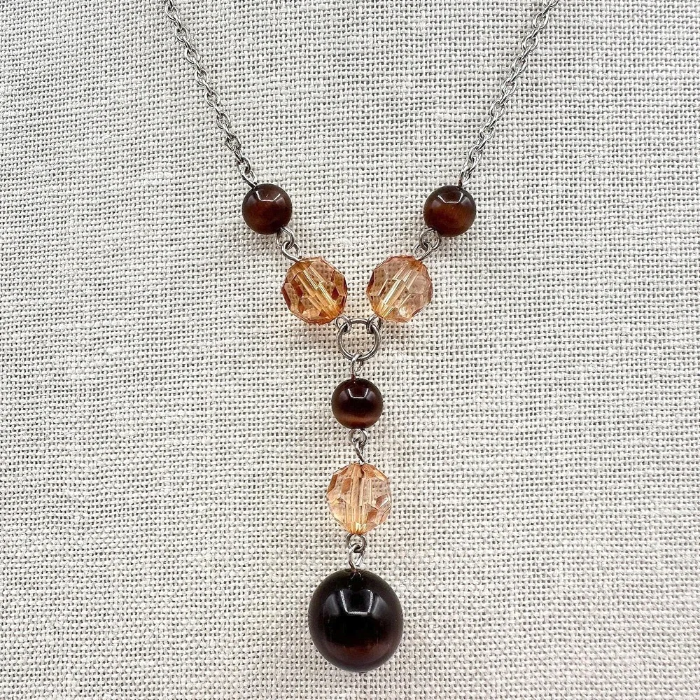 Vintage Y2K Silver Tone‎ Beaded Y-Drop Necklace Boho Statement Women's Jewelry